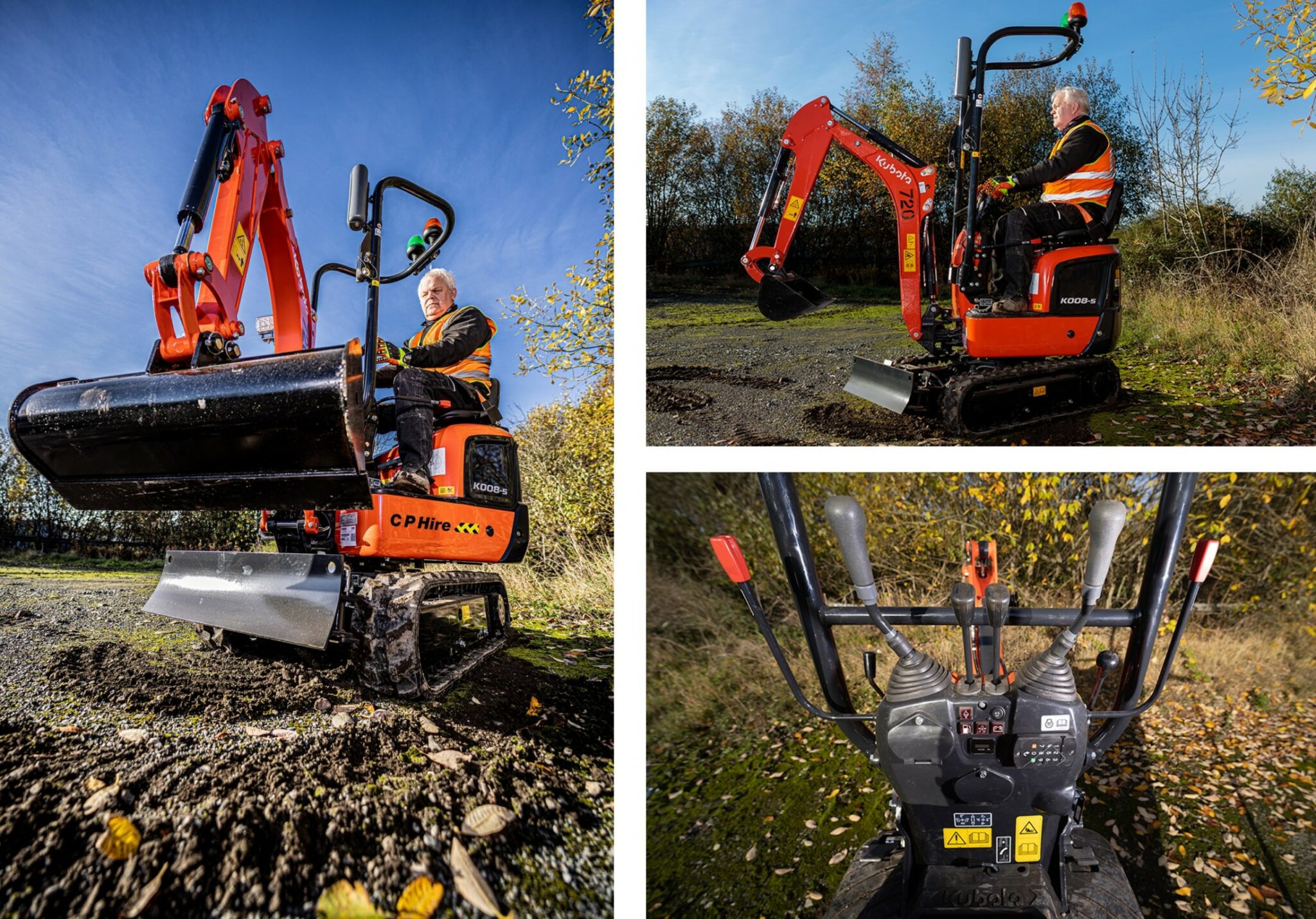 a collage of a micro excavator
